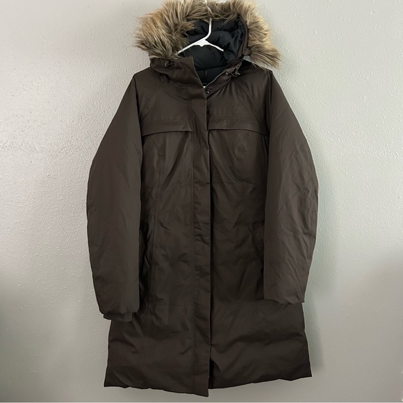 The North Face Coat Women’s L Goose Down Parka Jacket Brown Faux Fur Trim Hood - Picture 1 of 10